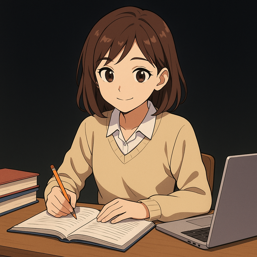 An anime girl sitting at the table with books and laptop