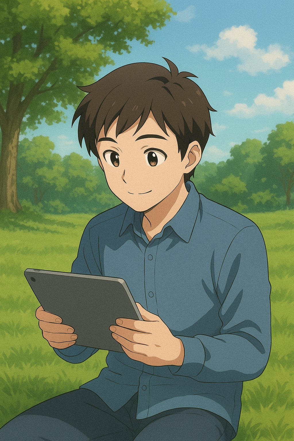 An anime boy sitting among nature with an iPad